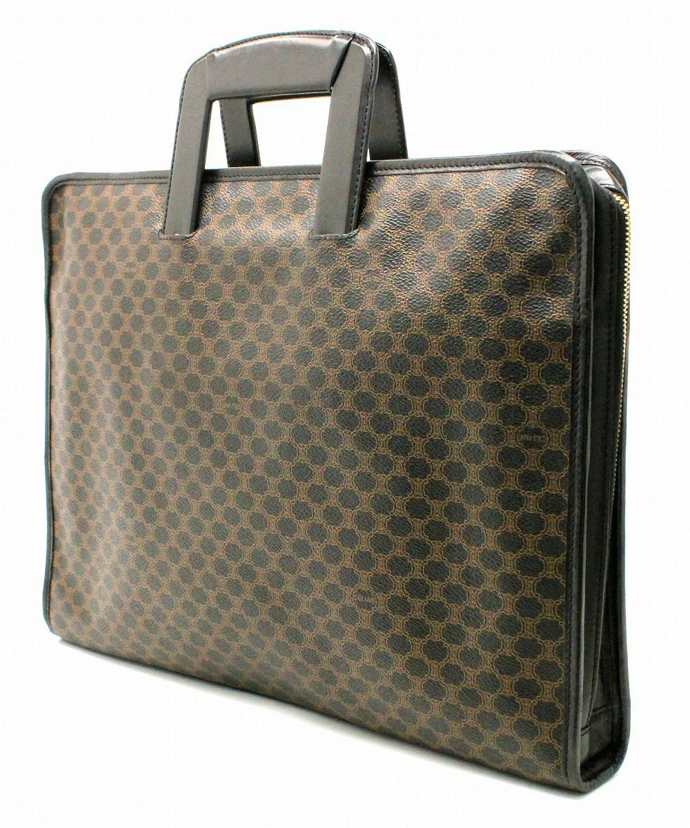 Celine Leather Bag Black Briefcase Case Business Macadam Dark Brown Black Brown